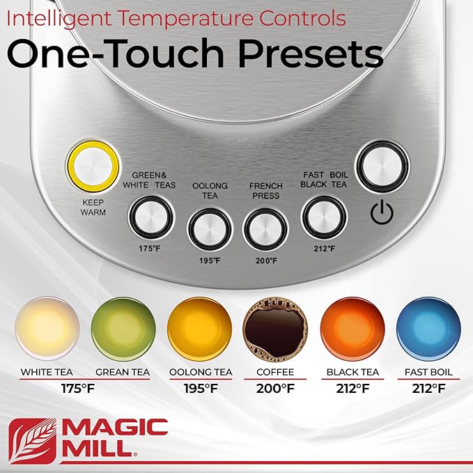 Magic Mill Pro Electric Kettle with tea Infuser and Temperature Control - Keep Warm Function, Rapid Boil, Automatic Safety Shut Off, BPA Free, No Plastic on Water, British Patent Technology,Large 1.7L