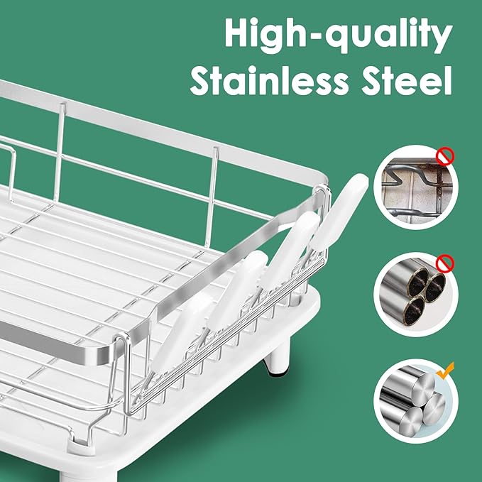 MOUKABAL Dish Drying Rack - Stainless Steel Dish Rack, Dish Racks for Kitchen Counter, Drying Rack Kitchen with Removable Utensil Holder, Drainboard and Glass Organizer (White)