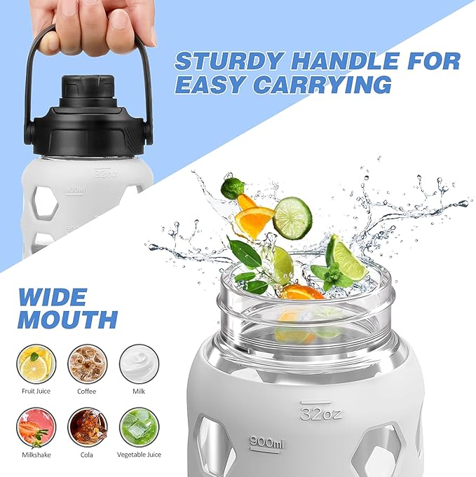 MUKOKO Glass Water Bottles, 32oz Glass Tumbler with Straw, Drinking Bottles with 2 Lids-Handle Spout Lid&Bamboo Straw Lid, Motivational Water Bottle with Time Marker and Silicone Sleeve, 1 Pack-White