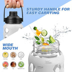 MUKOKO Glass Water Bottles, 32oz Glass Tumbler with Straw, Drinking Bottles with 2 Lids-Handle Spout Lid&Bamboo Straw Lid, Motivational Water Bottle with Time Marker and Silicone Sleeve, 1 Pack-White