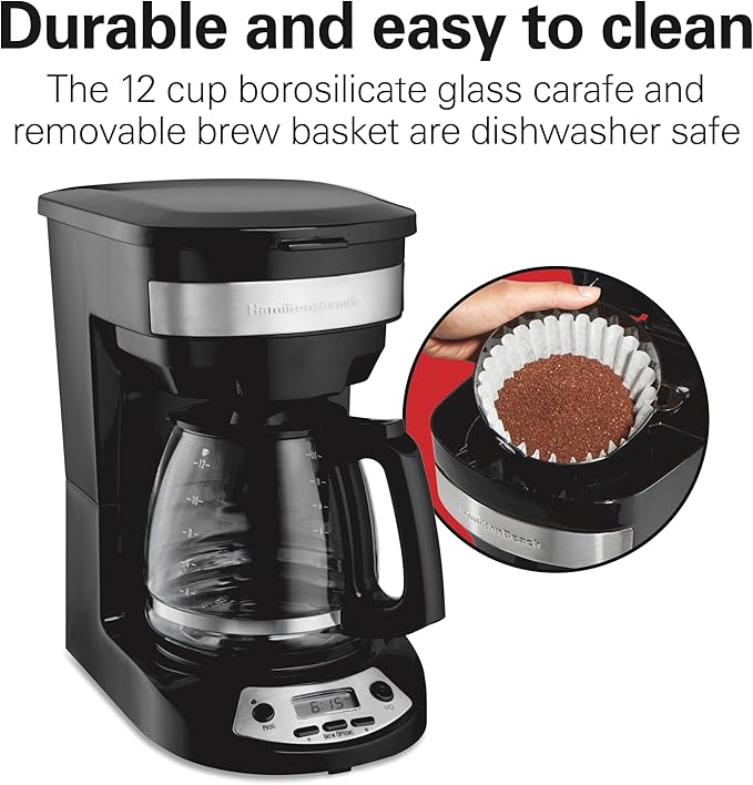 Hamilton Beach 12 Cup Programmable Drip Coffee Maker, Brew Options, Glass Carafe (46299), Black with Stainless Accents