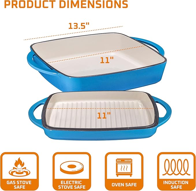 Bruntmor 2-in-1 Square Dutch Oven Casserole Dish with Lid, Dual Handles and Grill Pan for Baking, Braising and Grilling - Durable All-in-One Enameled Cast Iron Cookware Set for Kitchen, Whale Blue
