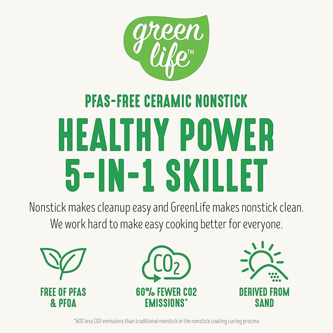GreenLife12" 5QT Square Electric Skillet, Glass Vented Lid, Ceramic PFAS-Free Nonstick Coated Interior, Adjustable Temperature Control, Cool Touch Handles, Quick Even Heating, Scratch Resistant, Pink