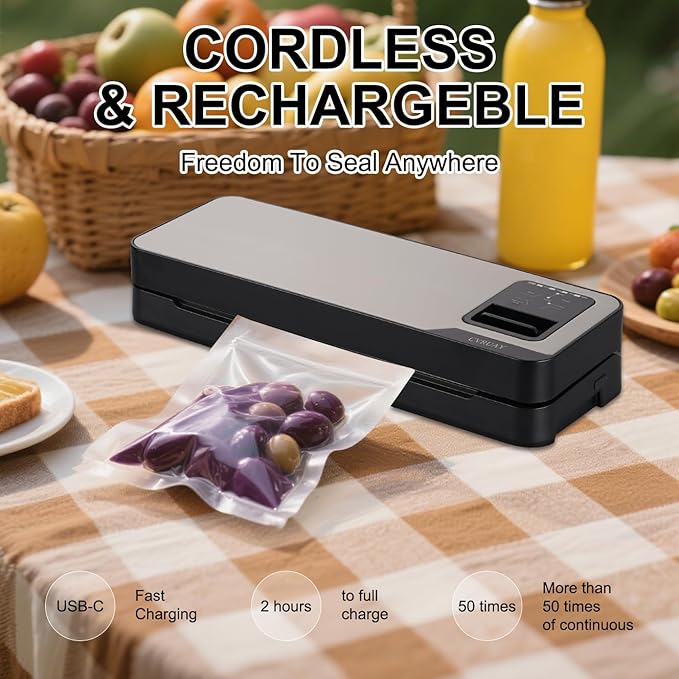 Vacuum Sealer Machine, 75kpa Rechargeable Automatic Food Sealer for Freshness Storage, Portable Touch Screen Food Vacuum Sealers Machine with Pre-cut Cutter & Bags, Air Hose for outdoor Indoor