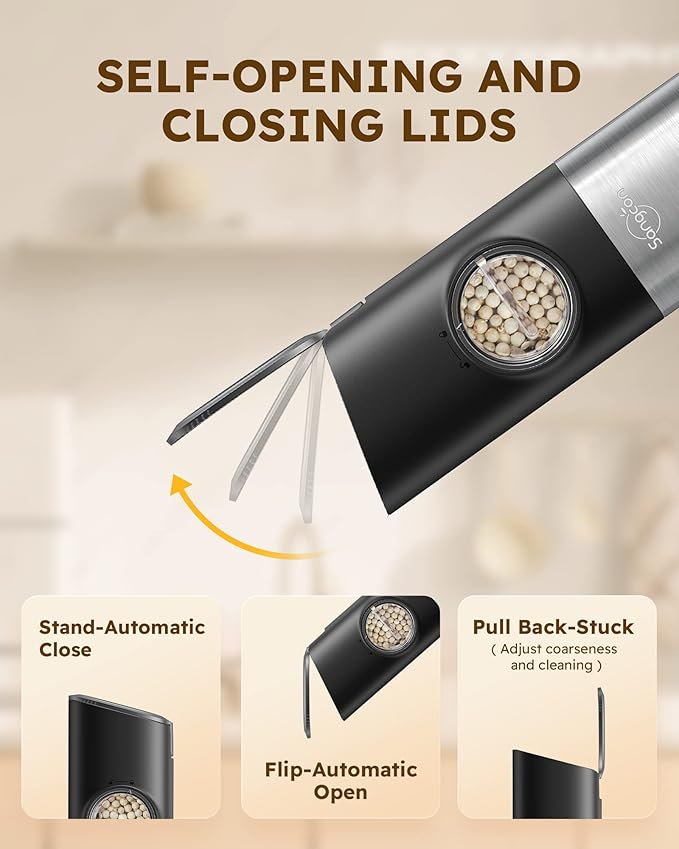 Sangcon Gravity Electric Salt and Pepper Grinder Set [Upgraded Larger Capacity] USB Rechargeable With Dual Charging Base - Automatic One Hand Operation - Adjustable Coarseness & LED Light Refillable