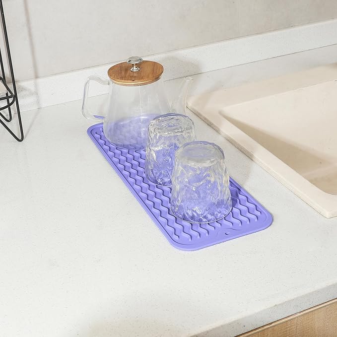 Silicone Dish Drying Mat for Multiple Usage,Easy clean,Eco-friendly,Heat-resistant Silicone Mat for Kitchen Counter,Sink,Bar,Bottle,or Cup Light Purple M 17 inches x 6 inches