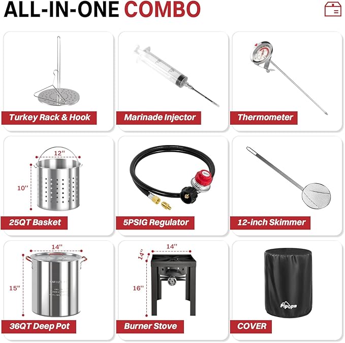 36QT Outdoor Fryer | Turkey Deep Fryer | Seafood Boil Pot | Cover & Skimmer Included | 50,000BTU Propane Burner | Aluminum Deep Fryer Pot with Basket | Crab, Seafood & Crawfish Boiler