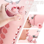 MUKOKO 64oz Glass Water Bottles with Straw and Lid,Half Gallon Water Bottle with Time Marker,Large Glass Water Jug with Silicone Sleeve and Stainless Steel Handle-Pink