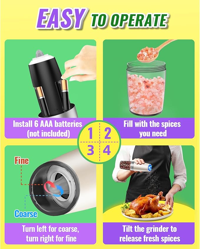 Rongyuxuan Gravity Salt and Pepper Mill Set, Electric Automatic Pepper Grinder Mill Shaker with Battery Powered,Stainless Steel,Blue LED Light,Adjustable Coarseness,One Hand Use,Khaki