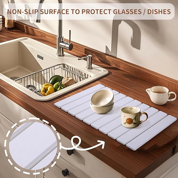 Coolcandy 24x16" Large Stone Dish Drying Mat, Quick Drying Mat Kitchen Counter, Foldable Kitchen Drying Mat, Diatomaceous Earth Stone Drying Mat, Collapsible Dish Mat Kitchen Mat For Drying