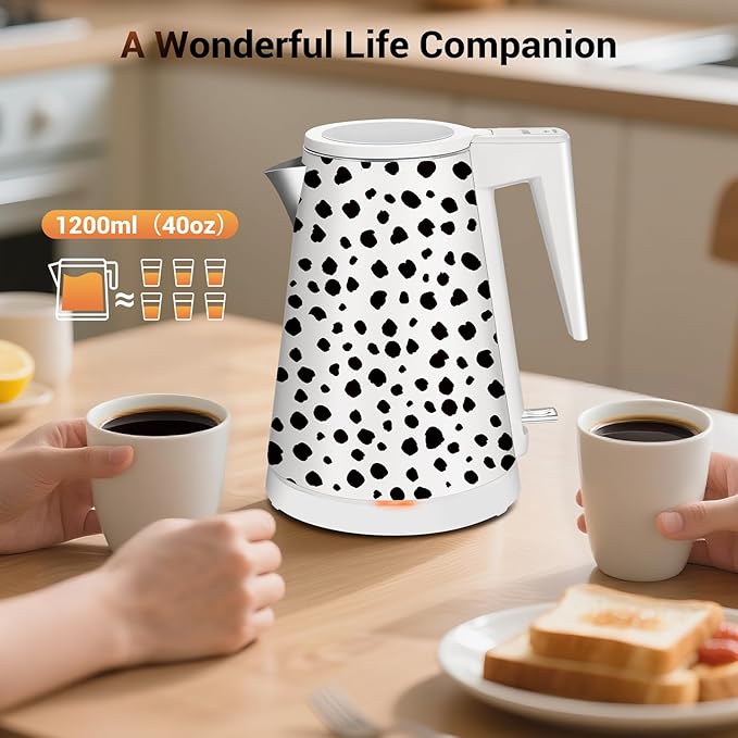 1.2L Double Wall Stainless Steel Interior Water Boiler, Cordless, 1000W Fast Boil with LED Light Coffee Pot & Tea Electric Kettle, Auto Shut-Off and Boil-Dry Protection (Leopard)