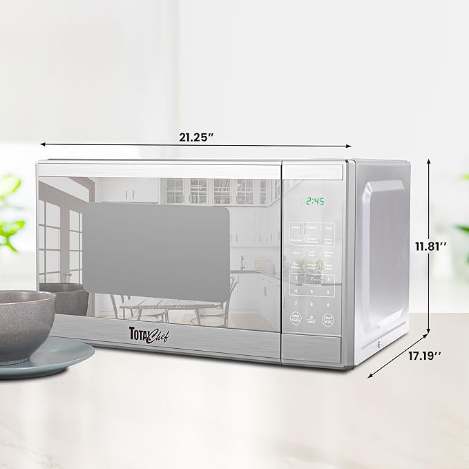 Total Chef Compact Countertop Microwave Oven, 1100W, 1.3 Cubic Feet Capacity, Digital Touchscreen Controls, One-Touch Push-Button Opening, 6 Pre-Set Cooking Modes, Silver Stainless Steel