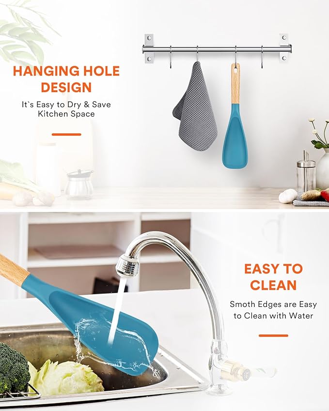 Cooking Spoon for Nonstick Cookwares, Great for Cooking and Serving Sturdy BPA-Free Matte Silicone, Wood Handle Spoon for Mixing, Scoop, and Scrape (TURQ)