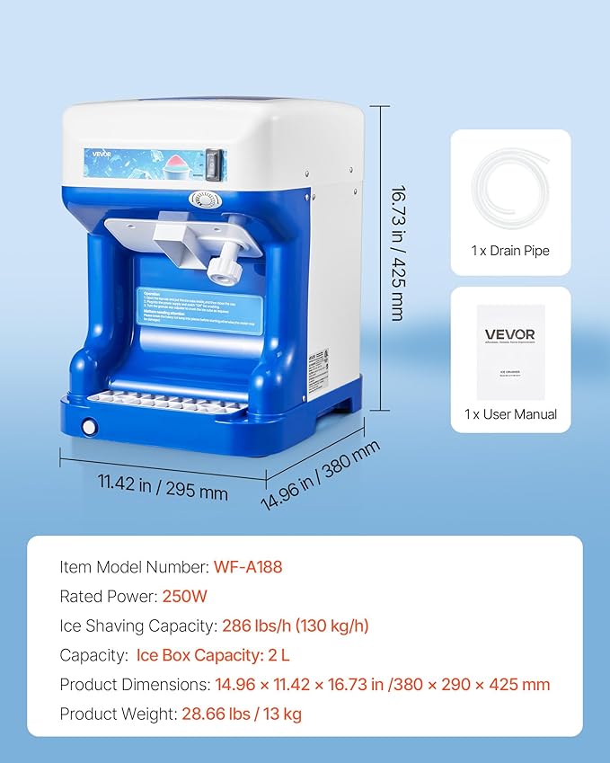 VEVOR Commercial Ice Shaver Crusher,286lbs Per Hour Electric Snow Cone Maker with 2L Ice Cube Box, 250W 1500RPM Tabletop Shaved Ice Machine for Parties Events Snack Bar, Home and Commercial Use (Blue)