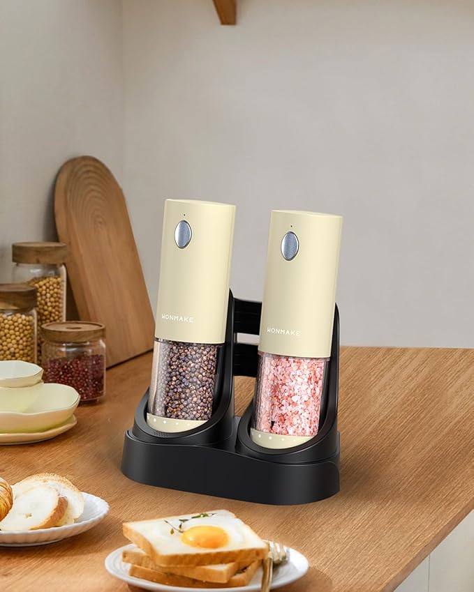 Electric Salt and Pepper Grinder Set - Automatic Refillable Salt and Pepper Grinders with Charging Base & LED Light, 6-Level Adjustable Coarseness with External Dial, Ideal Kitchen Gadget，Beige