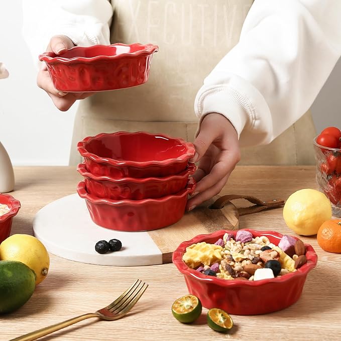 Vicrays Ceramic Pie Pan for Baking - 5.5 inch Small Pie Plates Deep Dish Round Pot Casserole Mini Serving Bowl - Microwave Oven Safe for Dessert Apple Pie Cake Tart Pizza Set of 6 - Red
