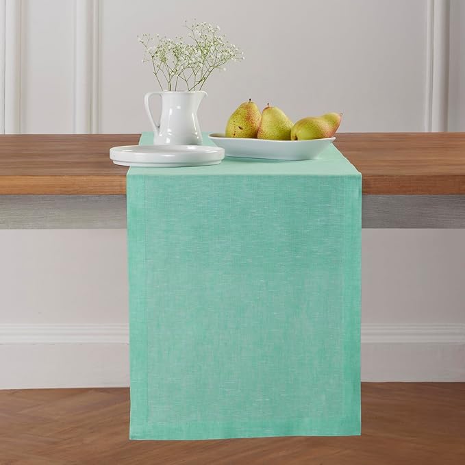 Solino Home Linen Table Runner 72 Inches Long - Athena, 100% Pure Linen Chambray Aqua Dining Table Runner 14 x 72 Inch for Summer