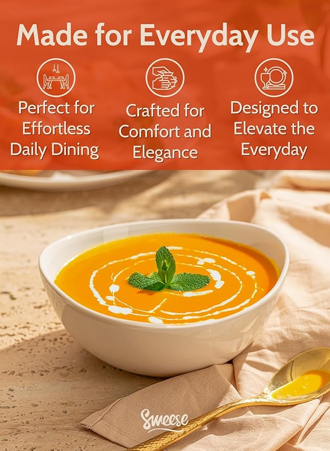 Sweese 7 Inch Porcelain 28 oz Bowls Set of 6, for Soup | Cereal | Pasta | Salad | Ramen | - Microwave, Dishwasher, and Oven Safe - White