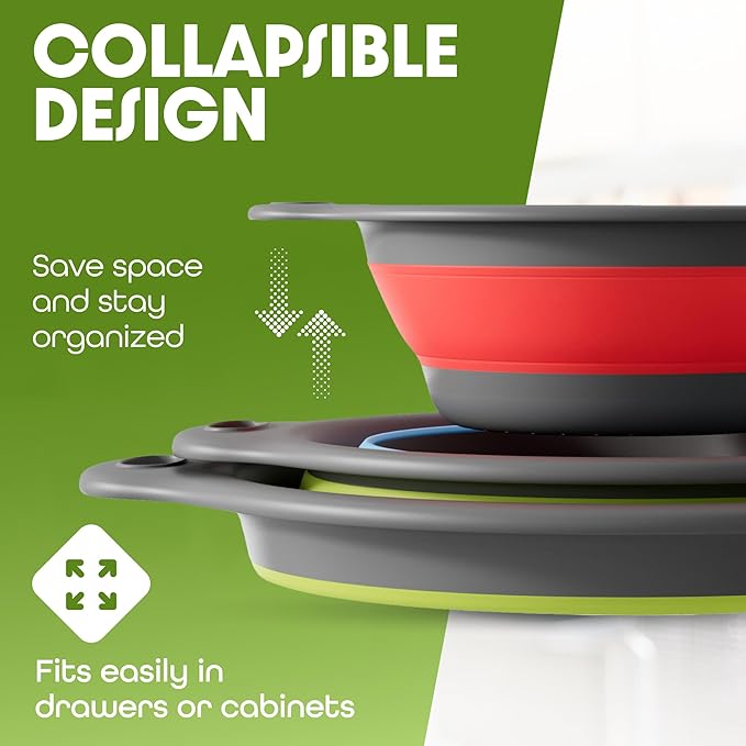Collapsible Colanders with Self-Draining Base for Edge of Sink, Food Strainers (Small/Med/Large), Nested Design for Easy Storage (Red, Blue, Green) (4PC Set)