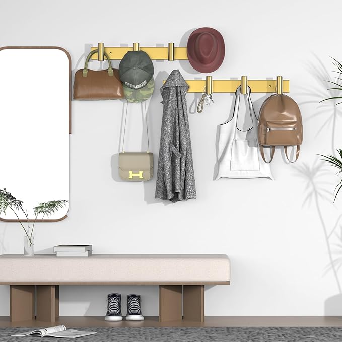 VAEHOLD Hat and Coat Wall Mount Rack - Hooks for Robes, Bags, Keys, and Towels - Bathroom Towel Hanger Organizer (Gold, “T“ Shape 4 Hooks 1 Pack)