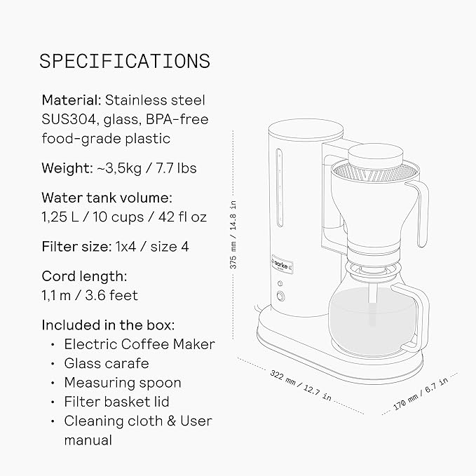 aarke Coffee Maker - Electric 10 Cup / 42 fl oz Drip Brewer with Automatic Drip-Stop, Glass Carafe, Brews Full Pot in Under 6 Minutes, SCA certified, Stainless Steel