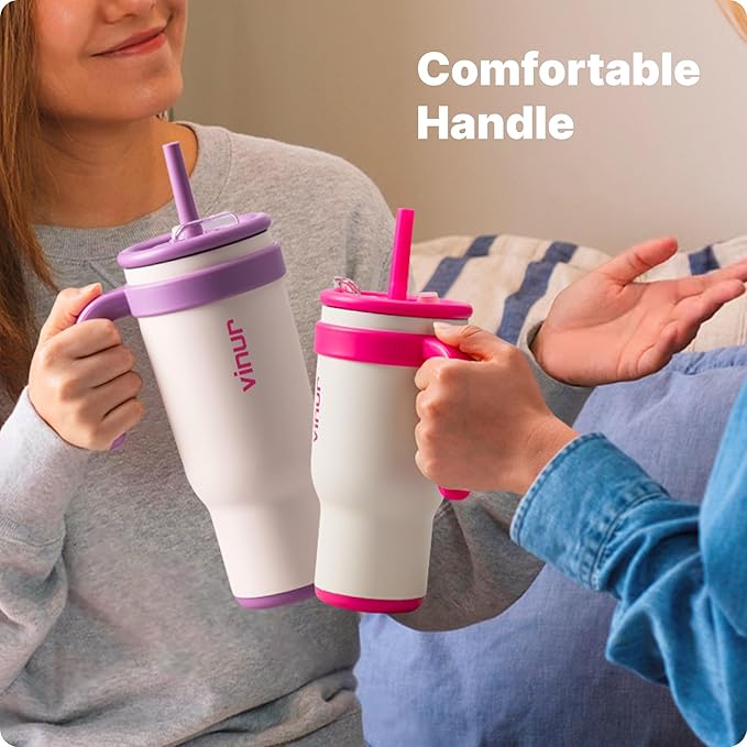 VINUR 40 oz Insulated Tumbler with Handle|Leak-Proof Lid|18/8 Stainless Steel Vacuum Travel Cup Coffee Mug with Rubber Base | Cup Holder Friendly| Gifts for Women & Men, Cream