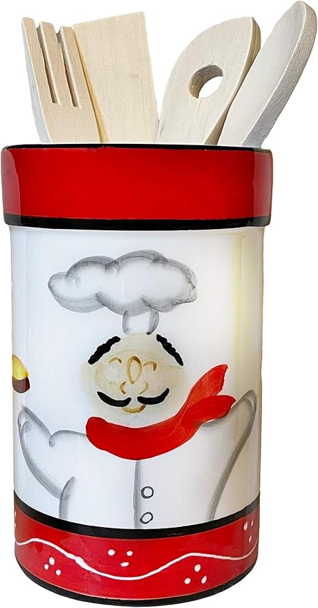 ACK Tuscany Colorful Plump Bistro Chef Hand Painted Ceramic Utensil Jar, Utensil Holder, Utensil Crock, Modern Kitchen Decor, Kitchen Storage for for Spoon, Ladle, Spatula and More