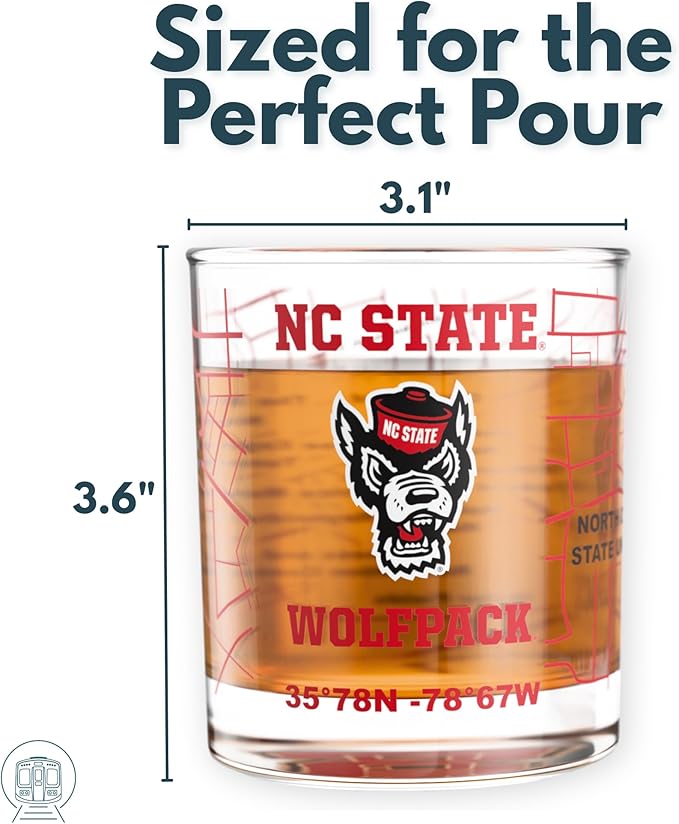Greenline Goods – North Carolina State University Wolfpack College Whiskey Glasses (Set of 2), 10 oz – Full-Color Logo + Campus Map