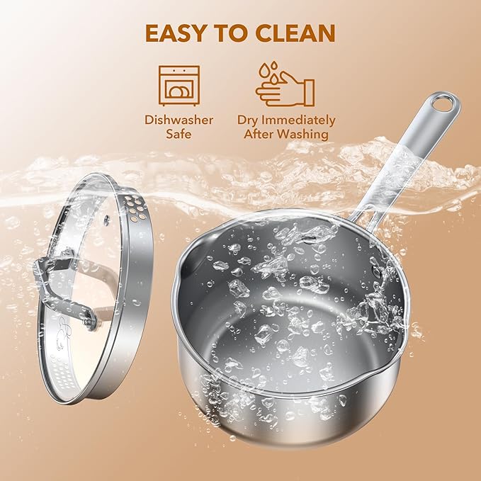 PekGema Stainless Steel Saucepan 2.5 Quart with Glass Strainer Lid, Thicken Tri-ply Full Sauce Pot, Two Side Spouts for Easy Pour, Dishwasher Safe, Induction Ready, Compatible with All Cooktops
