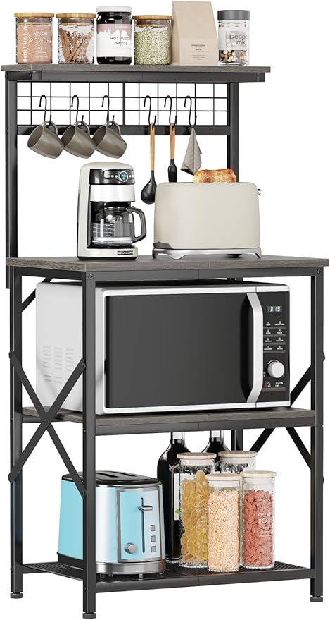 Furologee Kitchen Bakers Rack, Microwave Stand with Storage 4 Tiers, Coffee Bar Station with 6 S Hooks and Pegboard, Kitchen Shelves Rack for Spices, Pots, Black Oak
