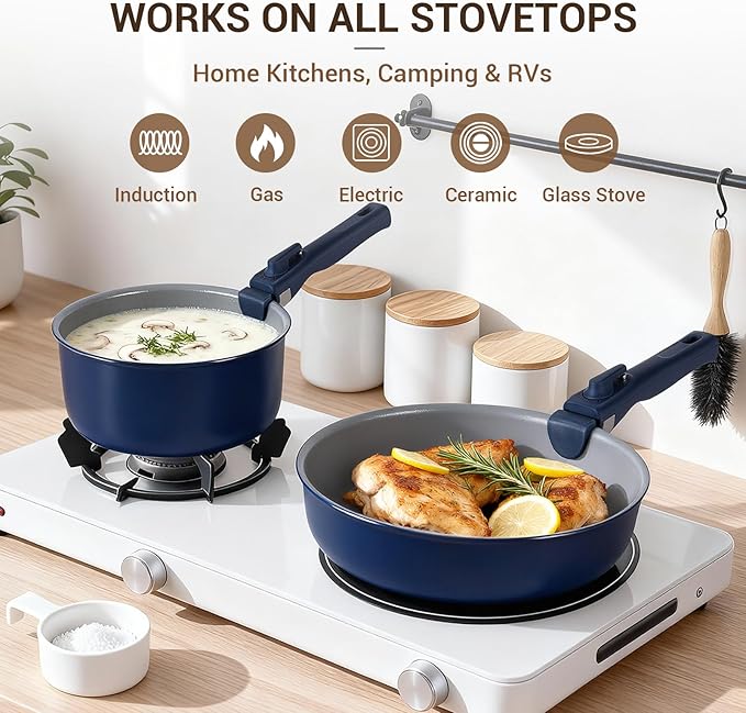 Ammeloo 18-Piece Ceramic Pots and Pans Set Non Stick, Non Toxic Cookware Set with Removable Handles, Pot Sets for Cooking, Induction Ready, Dishwasher & Oven Safe, PFAS PFOA & PTFE Free Navy Blue