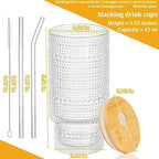 Glass Cups Set with Straw/Bamboo Lid,12 oz Stackable Serving Drinking Glasses, Ideal for Whiskey/Cocktails/Juice/Coffee/Beer, Dishwasher Safe,3 Patterns of Vintage Glassware Sets.(6 Pcs)