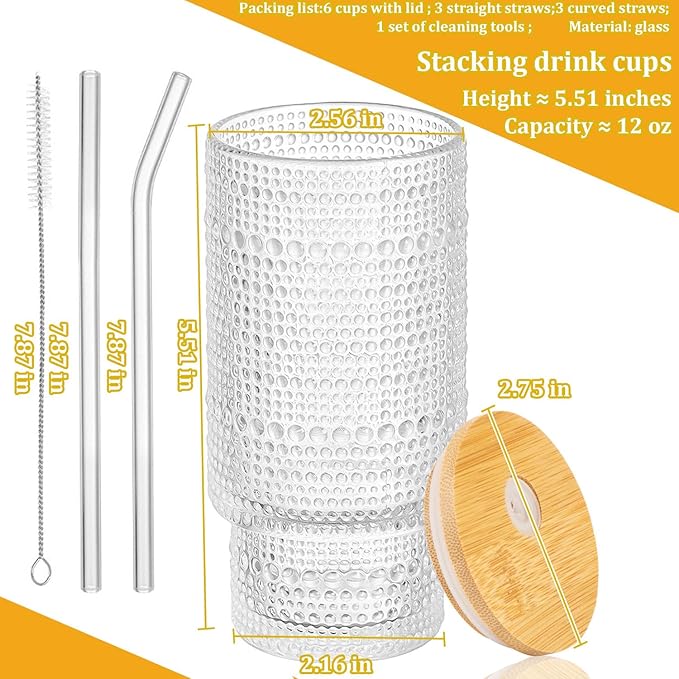 Glass Cups Set with Straw/Bamboo Lid,12 oz Stackable Serving Drinking Glasses, Ideal for Whiskey/Cocktails/Juice/Coffee/Beer, Dishwasher Safe,3 Patterns of Vintage Glassware Sets.(6 Pcs)
