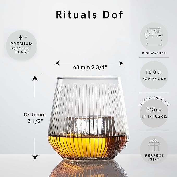 Rituals Whiskey Glasses Set of 2 Old Fashioned Tumblers, Bar Glasses 10 Oz Rocks Barware For Drinking Scotch Whisky, Cocktail Rum, Cognac, Bourbon, Unique Housewarming Gifts