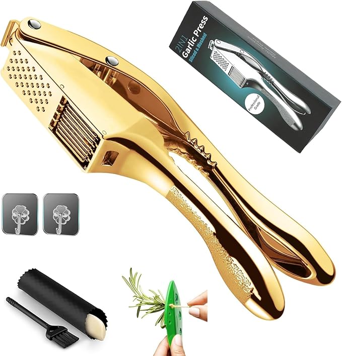 Gold Garlic Press and Slicer 3 In 1 Food Grade Stainless Steel Garlic Mincer Chopper Crusher Garlic Press Kitchen Tool with Garlic Peeler Skin Remover and Clean Brush