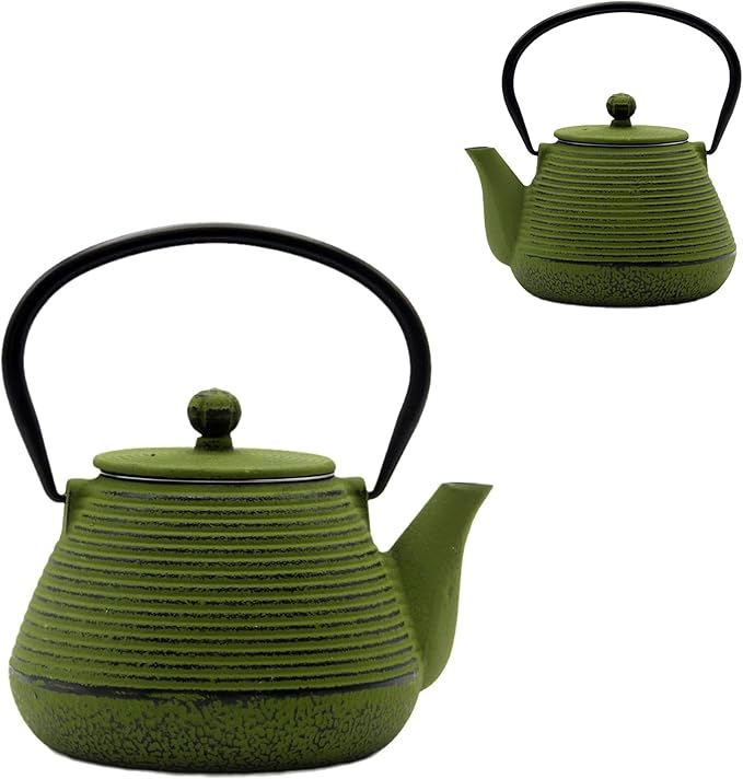 20.3oz Small Cast Iron Teapot, SECHUDO Cast Iron Tea Kettle for Stovetop Safe Coated with Enameled Interior, Iron Tea Pot with Stainless Steel Infuser for Loose Tea (Green Pinstripe Pattern)