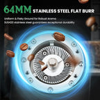 Huanyu Commercial Coffee Grinder with 64mm Flat Burr Anti-Flying Grounds Outlet 26oz Lotus Hopper 8 Stepless Settings Electric Coffee Grinders with Smart Touchscreen for Cafés Restaurants