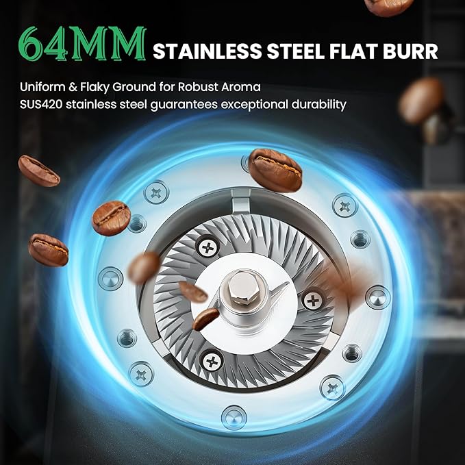Huanyu Commercial Coffee Grinder with 64mm Flat Burr Anti-Flying Grounds Outlet 26oz Lotus Hopper 8 Stepless Settings Electric Coffee Grinders with Smart Touchscreen for Cafés Restaurants
