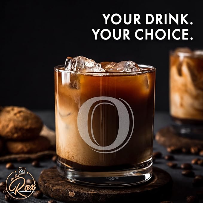 On The Rox Drinks (O-Monogram)- 4 Piece Set of 11 Ounce Engraved Heavy Base Rocks Glasses- Quality Elegant Glass-Multi-Purpose Beverage-Rocks Glass- For any Occasion