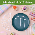 100Pcs Bow Cocktail Picks Party Toothpicks White Plastic Fruit Skewers Christmas Bow Drink Stirrers Cupcake Toppers Fancy Toothpick for Appetizers Drinks Wedding Coquette Birthday Bow Party Decor