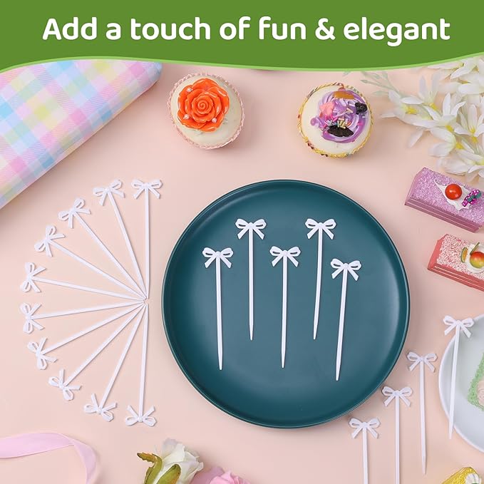 100Pcs Bow Cocktail Picks Party Toothpicks White Plastic Fruit Skewers Christmas Bow Drink Stirrers Cupcake Toppers Fancy Toothpick for Appetizers Drinks Wedding Coquette Birthday Bow Party Decor