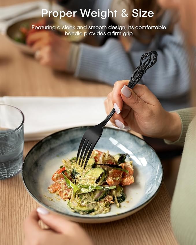 Black Silverware Set For 8, Ollex 48 PCS Retro Royal Silverware Flatware Set with Black Spoons Forks Knives Set, Mirror Polished Stainless Steel vintage Utensils Set, Dishwasher Safe