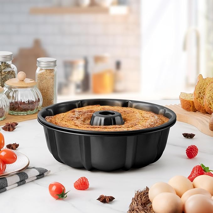 Homikit Nonstick Cake Pan 10 Inch, 2 Pack 10 Cups Heavy Duty Carbon Steel Fluted Tube Round Pans for Baking Pound Cakes, Jello, Brownie, Monkey Pumpkin Bread, Oven Safe & Easy Release, Black