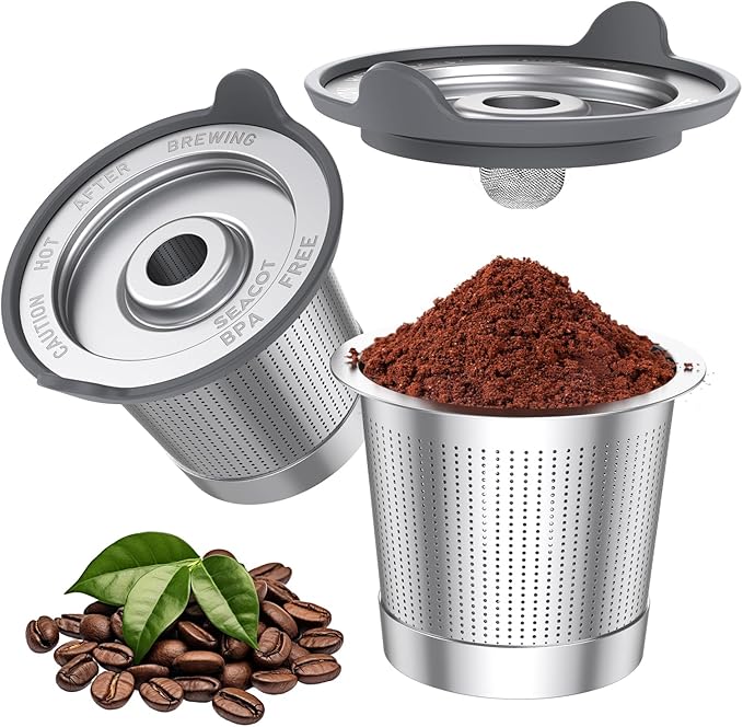 ComfortGrip™ Reusable K Cups – 2-Pack Stainless Steel Coffee Pods with Anti-Scald Silicone Lid, BPA-Free, Easy-Clean Filter – Compatible with Keurig 1.0 Only (Not for 2.0)