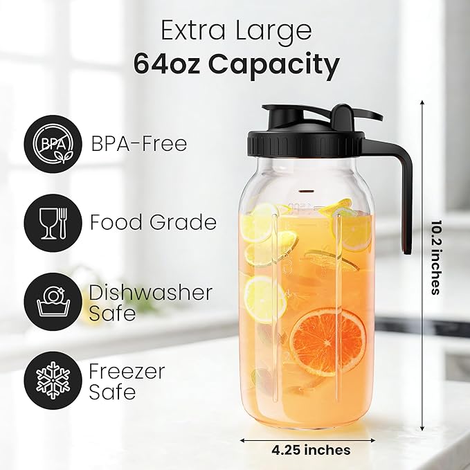 64oz Mason Jar Pitcher - Airtight & Leakproof Glass Pitchers with Handle and Lid, Perfect for Breastmilk, Cold Brew and Sun Tea for Outside,2 Quart Mason Jar with Pour Spout Lid,1/2 Gallon Water Jug