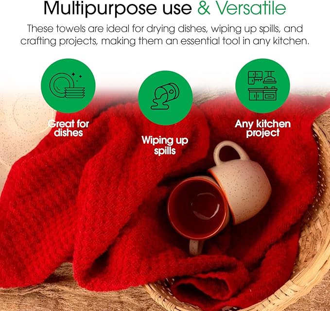 DG Collections Terry Dish Towels, 100% Cotton Kitchen Towels, Set of 8 (15x25 inch) Hand Towels - 400 GSM, Absorbent Terry Cloth Dish Towels for Kitchen, Soft Tea Towels - Red Color