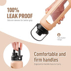 Kodrine Water Bottle with Straw, 24 oz Glass water Bottle with 2 Lids Bamboo Straw Lid and Spout Lid with Handle, 32 oz Clear Water Bottle Glass for Sports Travel, Waterbottle with Time Marker