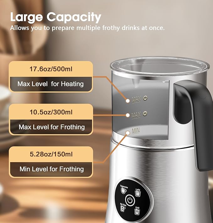 Milk Frother and Steamer, Detachable Electric Milk Frother, Large Capacity Automatic Milk Steamer with LED Touch, Hot & Cold Foam Maker for Coffee, Latte, Cappuccino, Hot Chocolate, Quiet Operation