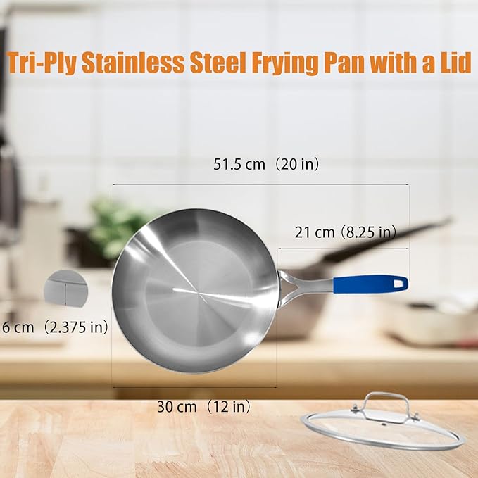 Inqibee 12 Inch Tri-Ply Stainless Steel Frying Pan with Lid,Skillet,Induction Cooking Pan,Dishwasher Safe and Detachable Handle