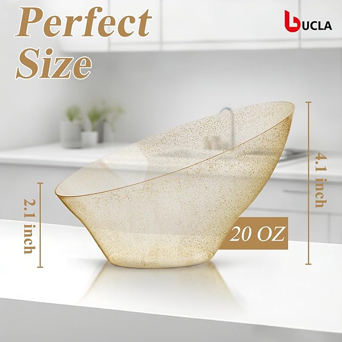 bUCLA 12 Pack Gold Glitter Plastic Serving Bowls - 20 OZ Disposable Snack, Fruit, Chip, Candy Angled Serving Bowls for Party